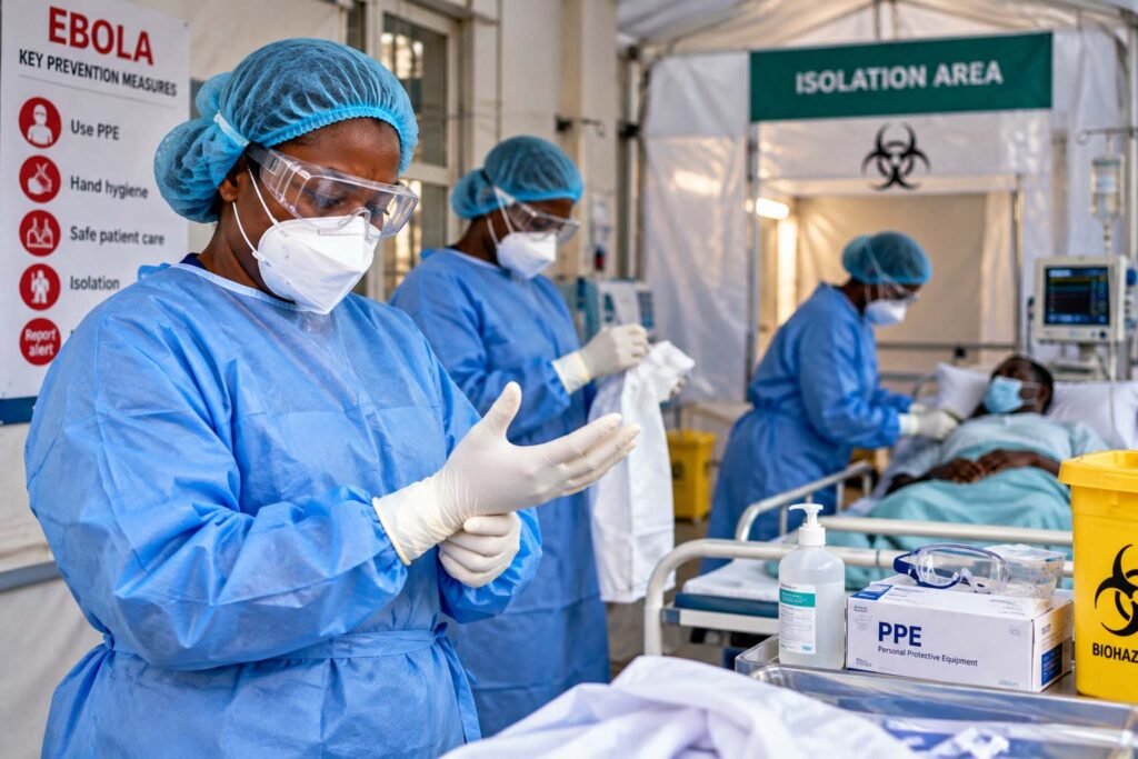 Healthcare workers in protective equipment prepare to manage a potential Ebola outbreak, highlighting the importance of adequate PPE, infection prevention, and frontline readiness in Kenya.