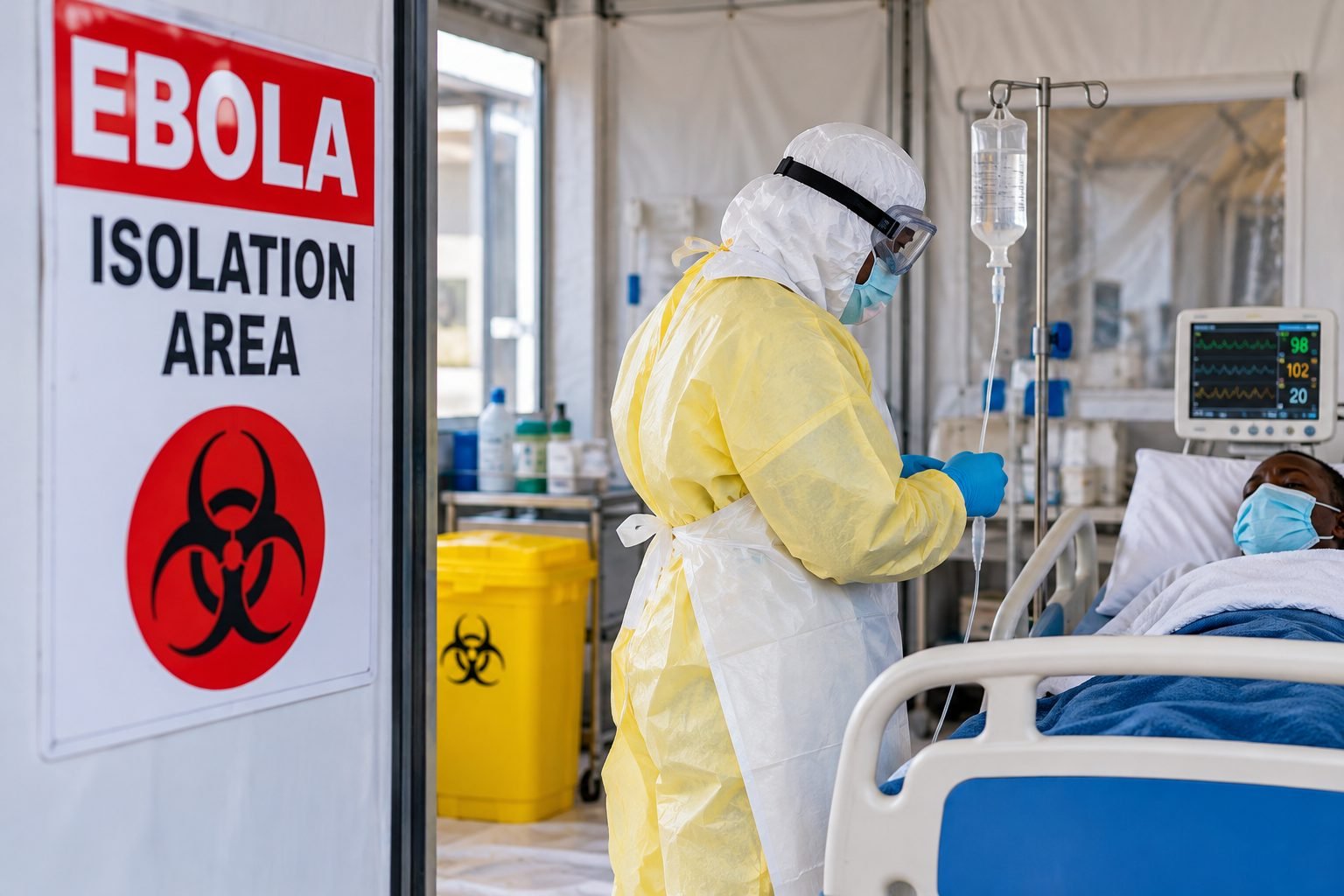 A healthcare worker wearing personal protective equipment cares for a patient in an Ebola isolation unit. Isolation, strict infection prevention and control, and close monitoring of exposed contacts are critical to containing Bundibugyo Ebola virus disease. Illustrative image; not an actual photograph of the current outbreak.