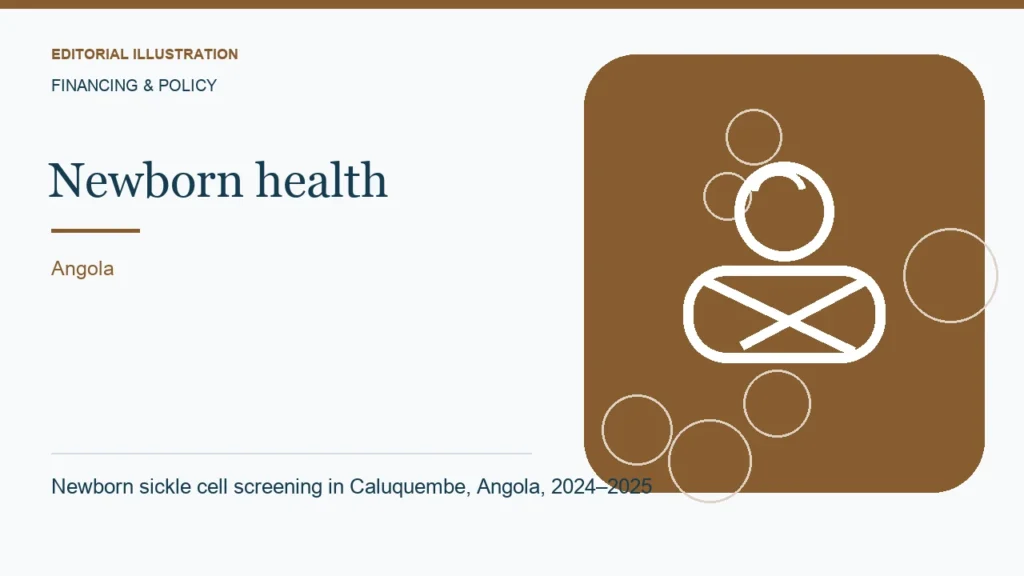 Editorial illustration: Newborn sickle cell screening in Caluquembe, Angola, 2024–2025