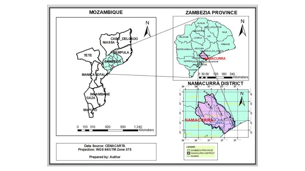 Location of the experimental site at the Instituto de Investigação Agrária de Moçambique (IIAM), Namacurra, Zambézia Province, Mozambique.