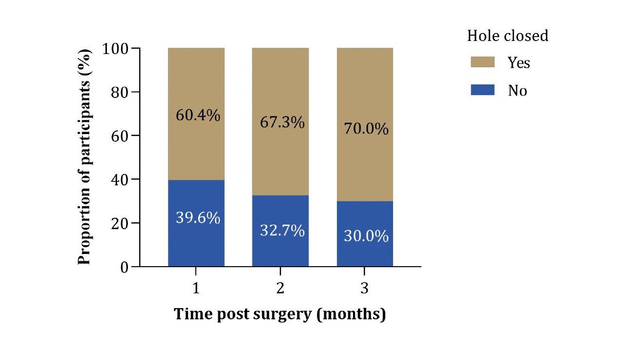 Proportion of eyes achieving macular hole closure at 1, 2, and 3 months postoperatively (N = 101), showing a steady increase over time.
