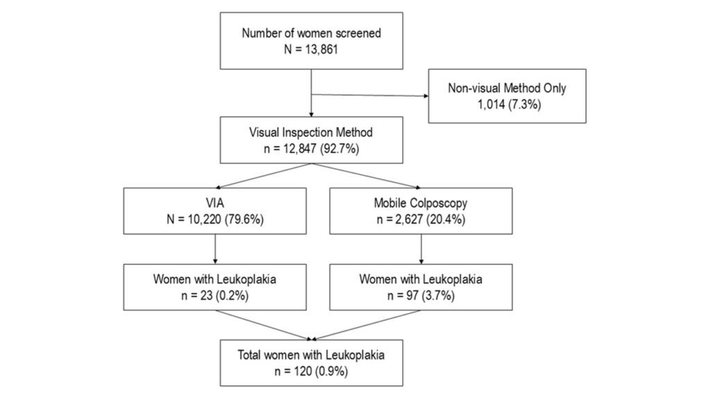 Study flowchart showing screening techniques and primary screening outcome.A total of 13,861 women were screened. Of these, 12,847 underwent visual inspection (VIA or enhanced visual assessment [EVA]/mobile colposcopy) with leukoplakia assessment, while 1,014 were screened using non-visual methods (HPV DNA testing and/or cytology) without leukoplakia assessment. Overall leukoplakia prevalence was 0.9% (n = 120/13,861; 95% CI: 0.7–1.1). Prevalence was 0.2% (n = 23) among VIA-screened women and 3.7% (n = 97) among EVA-screened women.