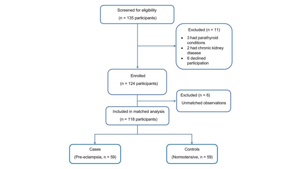 Study flow diagram showing participant selection.Matching was performed on maternal age (±3 years), parity (0, 1–3, ≥ 4), and gestational age at delivery (±1 week).