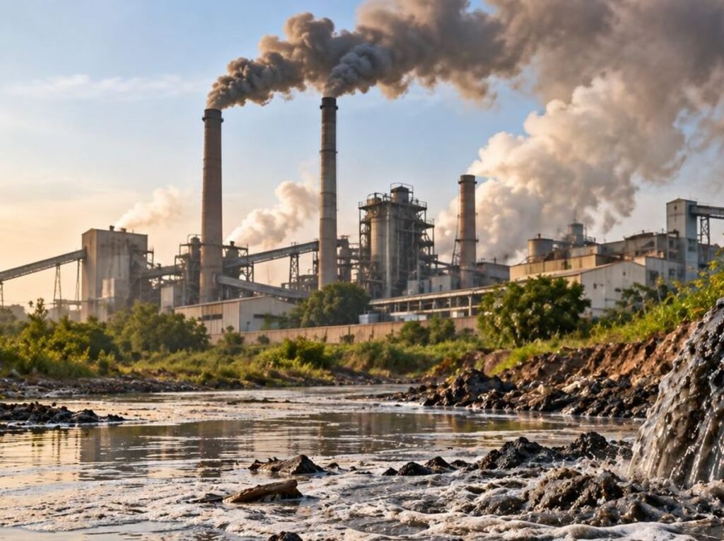 Industrial pollution poses a serious threat to environmental and public health, as factory emissions and untreated sludge contaminate the air and nearby water sources. Stronger environmental regulation, proper industrial waste treatment and effective enforcement are essential to protect communities and ecosystems. Image is illustrative and does not depict a verified specific facility.