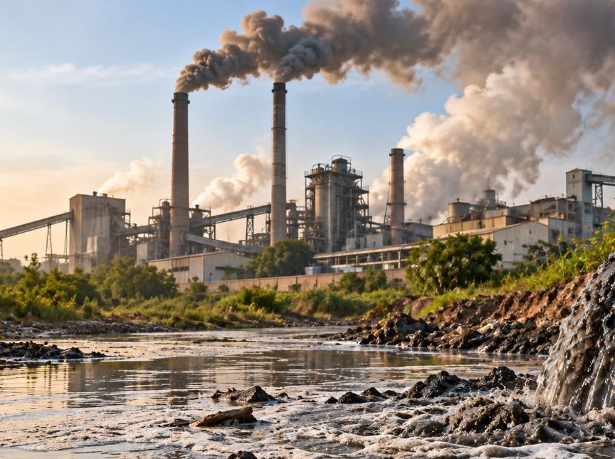 Industrial pollution poses a serious threat to environmental and public health, as factory emissions and untreated sludge contaminate the air and nearby water sources. Stronger environmental regulation, proper industrial waste treatment and effective enforcement are essential to protect communities and ecosystems. Image is illustrative and does not depict a verified specific facility.
