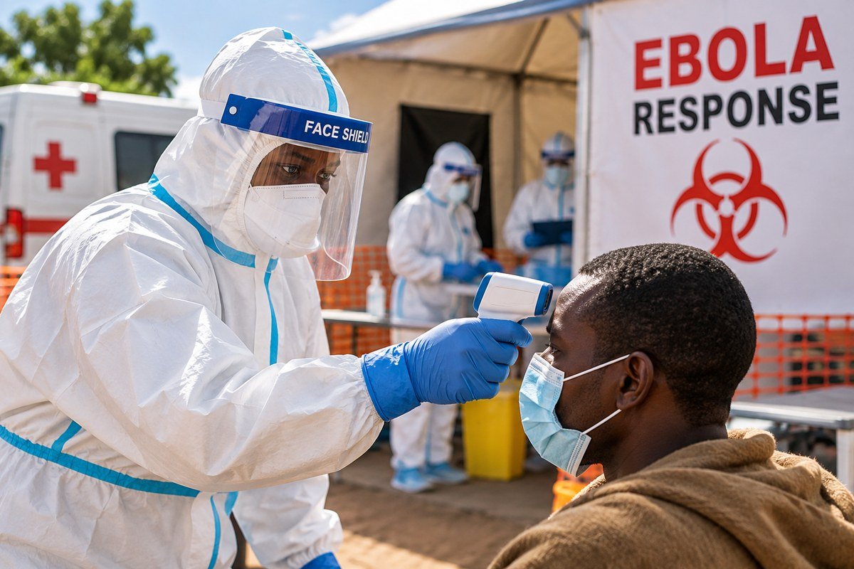 Healthcare workers in protective equipment screen a patient at an Ebola response site, highlighting the importance of early detection, isolation and contact tracing in preventing further transmission. Illustrative image, not an actual photograph of Kenya’s current response.