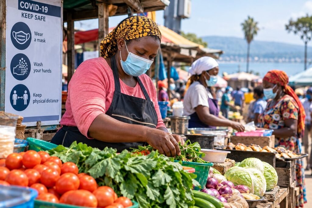 A woman informal food vendor arranges fresh produce at an open-air market in Kenya during the COVID-19 pandemic. Research in Kisumu highlights how exclusion from policy decisions and inconsistent enforcement of public health measures exposed women vendors to income losses, harassment and heightened economic vulnerability, underscoring the need for inclusive, gender-responsive emergency policies.