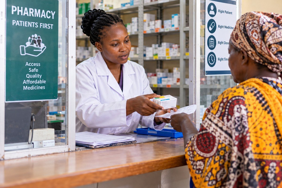 A pharmacist dispenses medicine to a patient at a health facility, highlighting the importance of ensuring that medicines procured and supplied through public health systems reach the people who need them. Closing the gap requires reliable stock management, accurate forecasting and accountability from procurement to dispensing