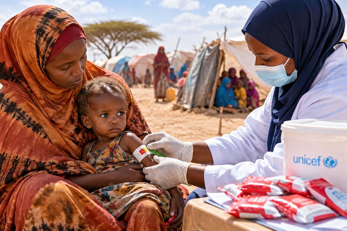 A health worker screens a young child for acute malnutrition at a community nutrition outreach site in Somalia. Expanding early screening, therapeutic feeding and access to essential healthcare is critical to protecting vulnerable children amid worsening food insecurity.