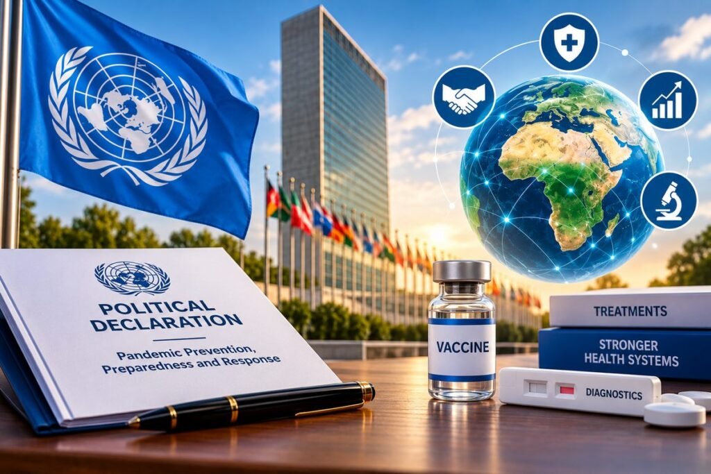 The United Nations’ adoption of a political declaration on pandemic prevention, preparedness and response reinforces the need for global cooperation, sustainable health financing and equitable access to vaccines, diagnostics and treatments. Turning these commitments into action will be critical to strengthening health systems and protecting communities against future pandemics. Image is illustrative.